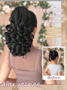 12 Inch Black Deep Wave Thermoplastic Fiber Synthetic Ponytail Hair Extension, Claw Design, Suitable For Women's Party And Daily Use - Black - View 4