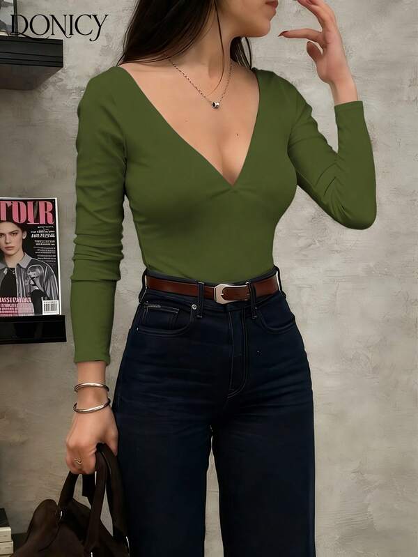 DONICY Women's Solid Color Deep V-Neck Backless Long Sleeve T-Shirt, Basic Top, Deep V Versatile Style, Suitable For Spring/Summer Outings, Dates, Parties, Layering, Casual Business, Loungewear, Valentine's Day, Carnival