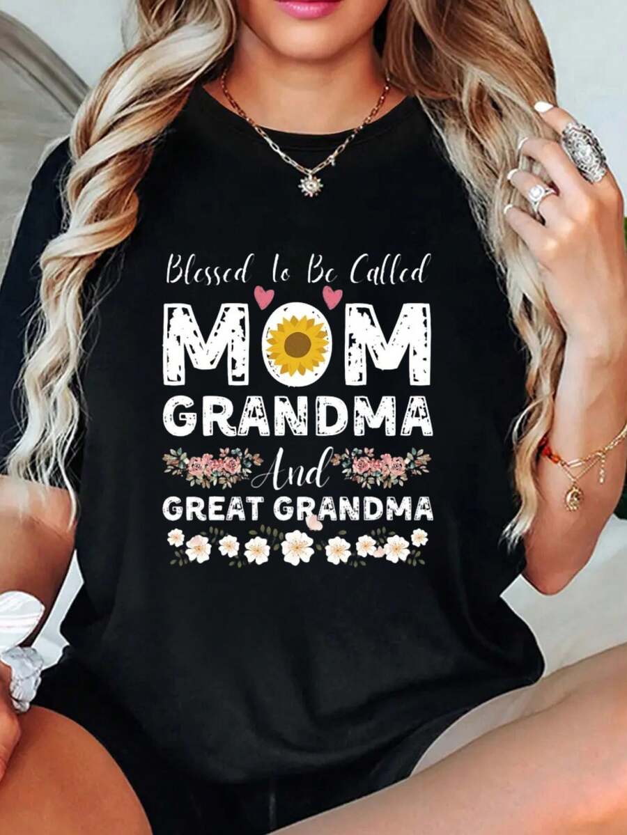 Camiseta con estampado geométrico para el Día de la Madre para mujer, informal, cuello redondo, manga corta, lavable aáquina, perfecta para camisetas de verano 2026, conjuntos de primavera y verano para mujer, blusas negras tees - Negro - Ver 1