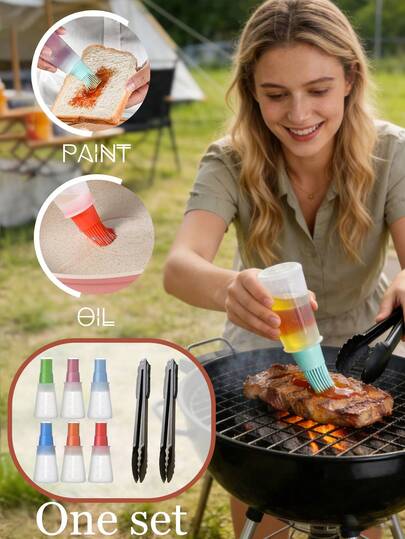 1 Set Of Heat-Resistant Holiday Kitchen Oil Brush And 12-Inch Kitchen Tongs, Plastic Baking Oil Brush, Multi-Purpose Baking Brush Suitable For Baking, Grilling, Cooking, Home Kitchen, Outdoor Cooking, Splash-Proof, Outdoor Camping, Picnic, Cooking Utensils, Barbecue Tools, Barbecue Accessories
