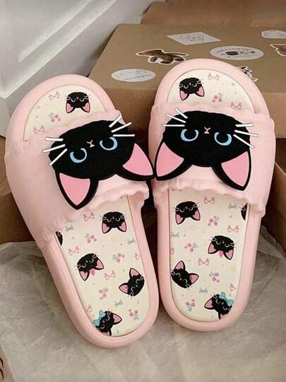 新款可爱小猫软底情侣拖鞋，休闲室内/室外夏季蓬松喵喵拖鞋