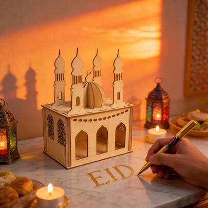 3D木质城堡摆件，斋月派对糖果盒，DIY未完成伊斯兰风格木质收纳盒，装饰零食盒，城堡窗口糕点盒，适用于斋月开斋节、阿拉伯派对用品、穆斯林家庭节日装饰、开斋宴食物收纳礼品、房间装饰品，最佳礼品之选