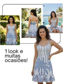 Short, Flowy Tropical Dress For The Beach, Carnival, And Travel, With Adjustable Straps. - 白色條紋藍色 - 查看 6