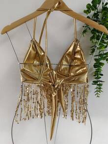 Top cropped com lantejoulas em relevo - Ouro 2 - Visão 2