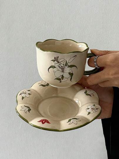 1 Set Spring Countryside Lily Ceramic Cup & Saucer, Floral Country Style, High-Quality Ceramic Material, Decorated With Green Lines, Elegant Design, Spring Floral Pattern, Perfect For Afternoon Tea, Housewarming Or Wedding Gift