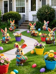6件套复活节兔子户外装饰品，带支架，可爱的复活节兔子和彩蛋花园装饰，适合复活节派对用品、家居走廊装饰、复活节草坪装饰、户外花园装饰 - 彩色 - 查看 4