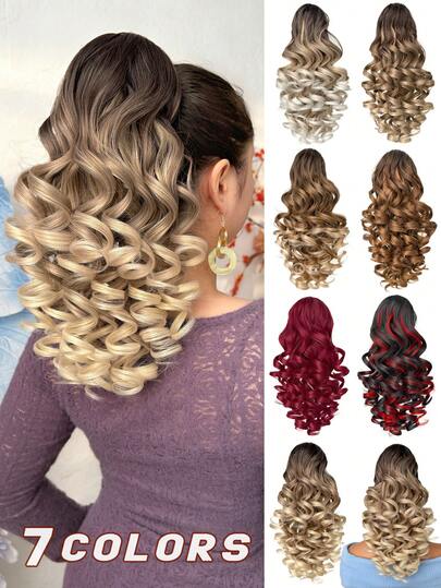 爪形马尾假发，酒红色多色渐变棕色，16英寸深波浪耐热纤维合成马尾假发，适合女性圣诞节、万圣节、音乐节派对和日常佩戴