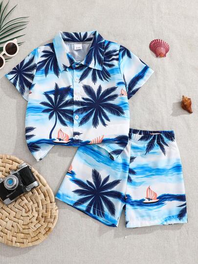 2pcs/Set Boys' Short Sleeve Shirt Outfit, Summer New Sports Casual Coconut Tree All-Over Print Top And Pants Set