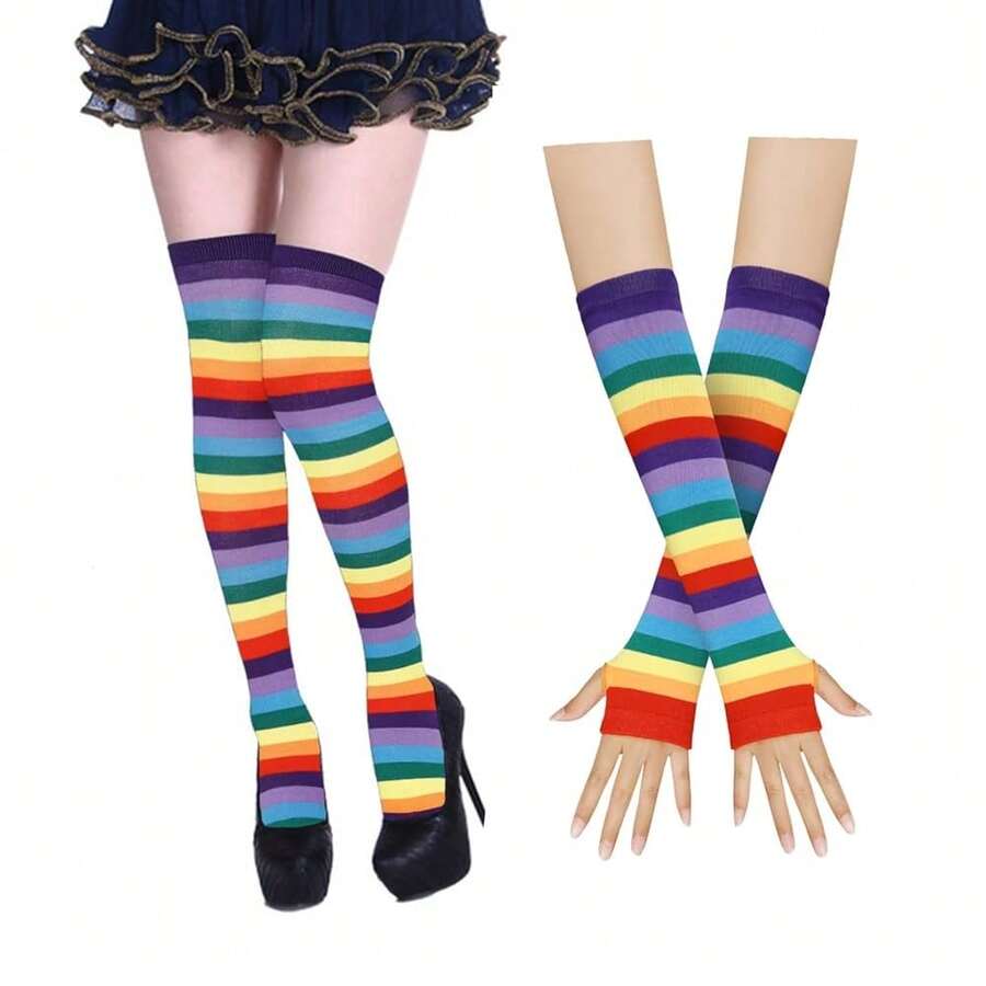 Benefeet Sox Womens Rainbow Striped Knee High Thigh High Socks Arm Warmers Set Fingerless Gloves Halloween Costume - 紫色彩虹條紋 - 查看 1