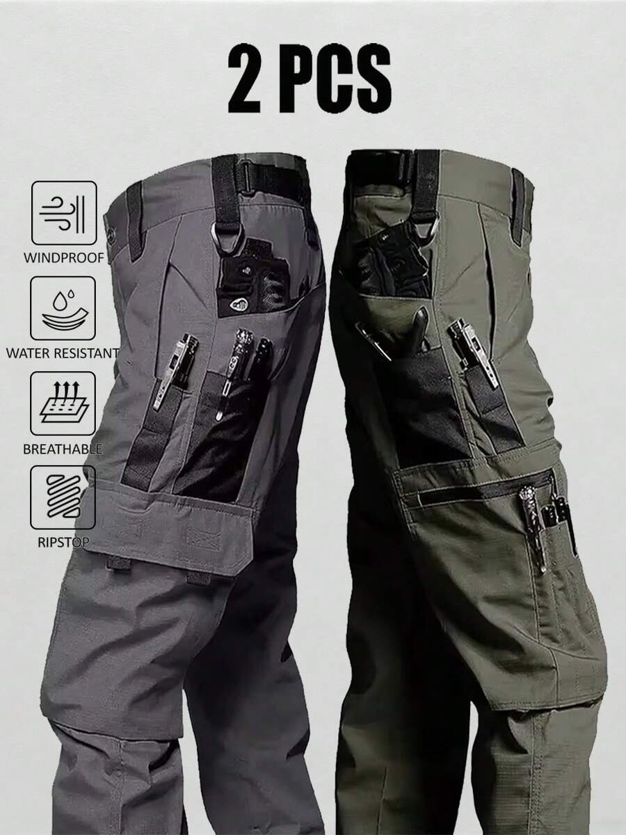 2Pcs Men's Solid & Camo Print Pockets Zipper Waterproof Tactical Cargo Pants Without Belt, Regular Fit Sporty Pockets Durability Trousers For Fall, Wear-Resistant Outdoor Training Pant For Men - 灰色+綠色 - 查看 1