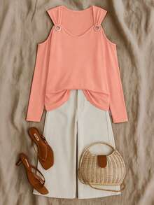 Minimalana Elegant Casual Fashion Off-Shoulder Design U-Neck Cropped Long Sleeve T-Shirt For Women, Spring/Summer - Orange - View 11