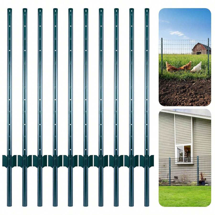 Minifactory Metal Garden Fence Posts, 4FT & 5FT, Pack Of 10 – No Dig Steel U Posts With Green Rust-Resistant Coating For Wire Fencing, Chicken Pens & Yard Borders - 4ft - View 1