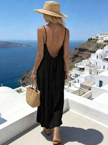 Backless Dress, Cami Lounge Dress Backless, Backless House Dress, Backless Spaghetti Strap Maxi Dress, Backless Cami Dress, Backless Cami Dresses For Women, Women's Solid Color Casual Elegant Sleeveless Dress For Summer, Ladies Clothes For Beach Holiday Vacation, Ladies Sleepwear For Indoor, Women's Plain Backless Long Dress, All Seasons Casual Wear Open Back Dress, Valentines Day Decorations Decor, Valentines Day Gifts For Her Outfit, St Patricks Day Decorations, Easter Decor - 黑色 - 查看 3