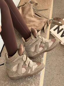 Women's Casual Colorblock Hook And Loop PU Leather Sneakers, Outdoor Casual Shoes For Spring And Autumn - Grey - View 3