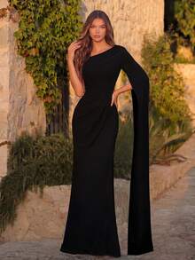 ADYCE Đầm dài tay lệch vai thanh lịch dành cho nữ, thích hợp cho dạ hội, tiệc sinh nhật, tiệc tối trang trọng, hẹn hò, lễ hội, dự đám cưới, dạ tiệc trang trọng, họp mặt gia đình, kỳ nghỉ, năm mới và các dịp khác. Màu đen mùa xuân. - màu đen - Xem 1