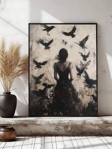 1pc Gothic Dark Woman Silhouette With Witchy Ravens Print, Moody Forest Decor, Festival Gift,Suitable For Bedroom,Living Room,Apartment,Wall Arts,Wall Decor,Home Decor,Room Decor, Canvas Wall Art, Posters, Wall Art With Frame, Optional Frame ﻿ ﻿ - A - View 2
