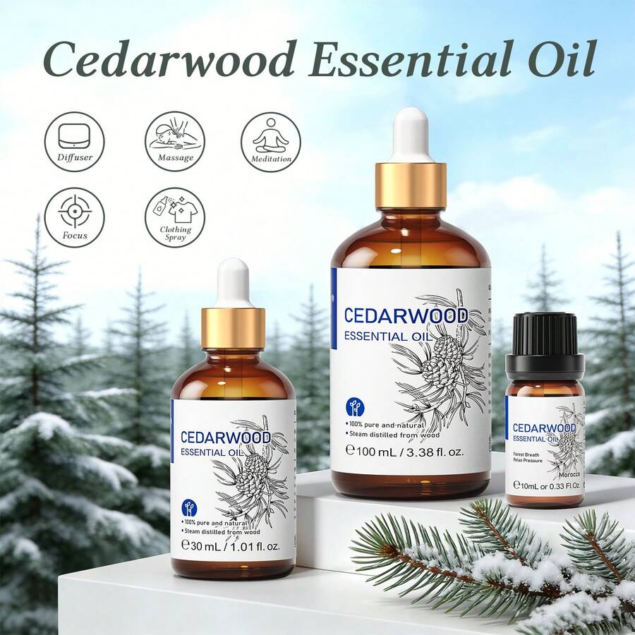 HIQILI 雪松精油，100毫升/30毫升/10毫升纯雪松精油，适用于冥想、香薰、肌肤护理、身体护理、按摩、加湿、舒缓情绪、放松身心、头皮护理