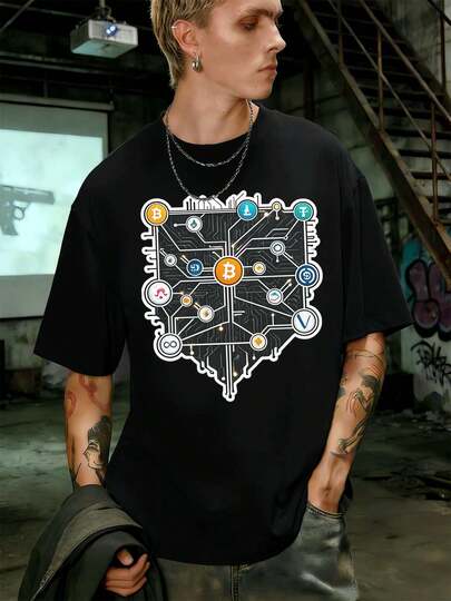 Bitcoin Crypto Network Graphic Tee, Spring, Street Hip-Hop, Breathable, Statement Print