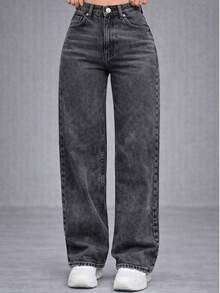 Women's Wide Leg Graphite Jeans, High Waist, Palazzo Style - 石墨 - 查看 1