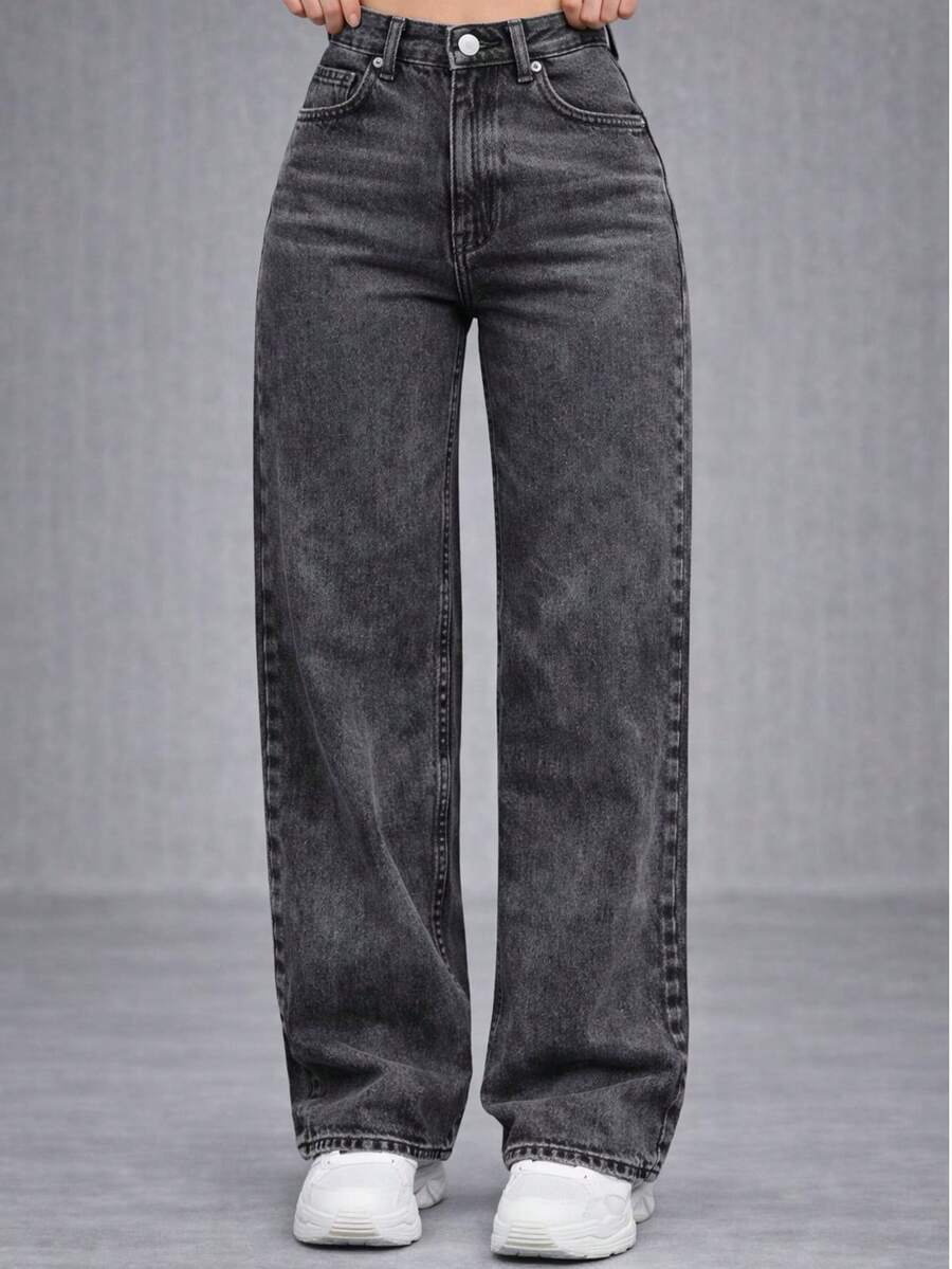 Women's Wide Leg Graphite Jeans, High Waist, Palazzo Style - 石墨 - 查看 1