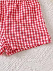 2pcs/Set, Girls' Summer Outfit With 3D Bow Decor Camisole Top And Contrast Plaid Shorts, Fashionable Summer Outdoor Wear, Perfect Matching - Red - View 8