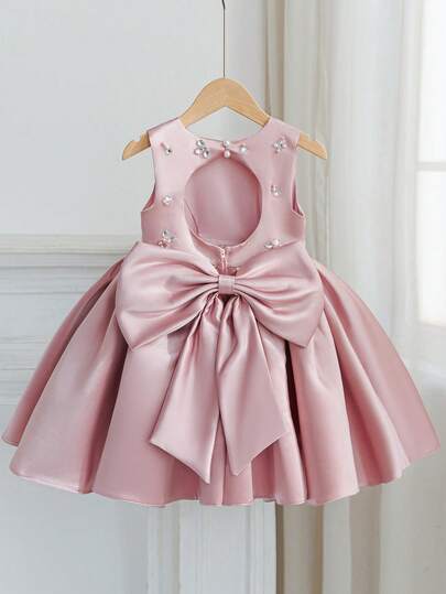Young Girl Pink Elegant Luxurious Backless Party Dress With Rhinestone Decor Satin Bow, Princess Dress For Girls, Suitable For Banquet, Birthday, Party, Wedding, Prom, Graduation, Flower Girl