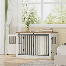 HaluPeit 101cm Dog Cage Furniture, Wooden Dog Box, Home Dog Crate With 3 Doors, Sliding Doors, For Small, Medium, And Large Dogs, Sturdy, Side Table, 101 * 60.5 * 70 Cm, White/Brown - White - View 2