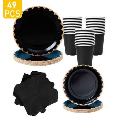 1 Set Black & Gold Rim Disposable Plates, Napkins, Cups - One-Time Party Supplies Suitable For 8 Guests, Disposable Paper Plates Party Tableware For Birthday, Wedding, Theme Party, Family Picnic