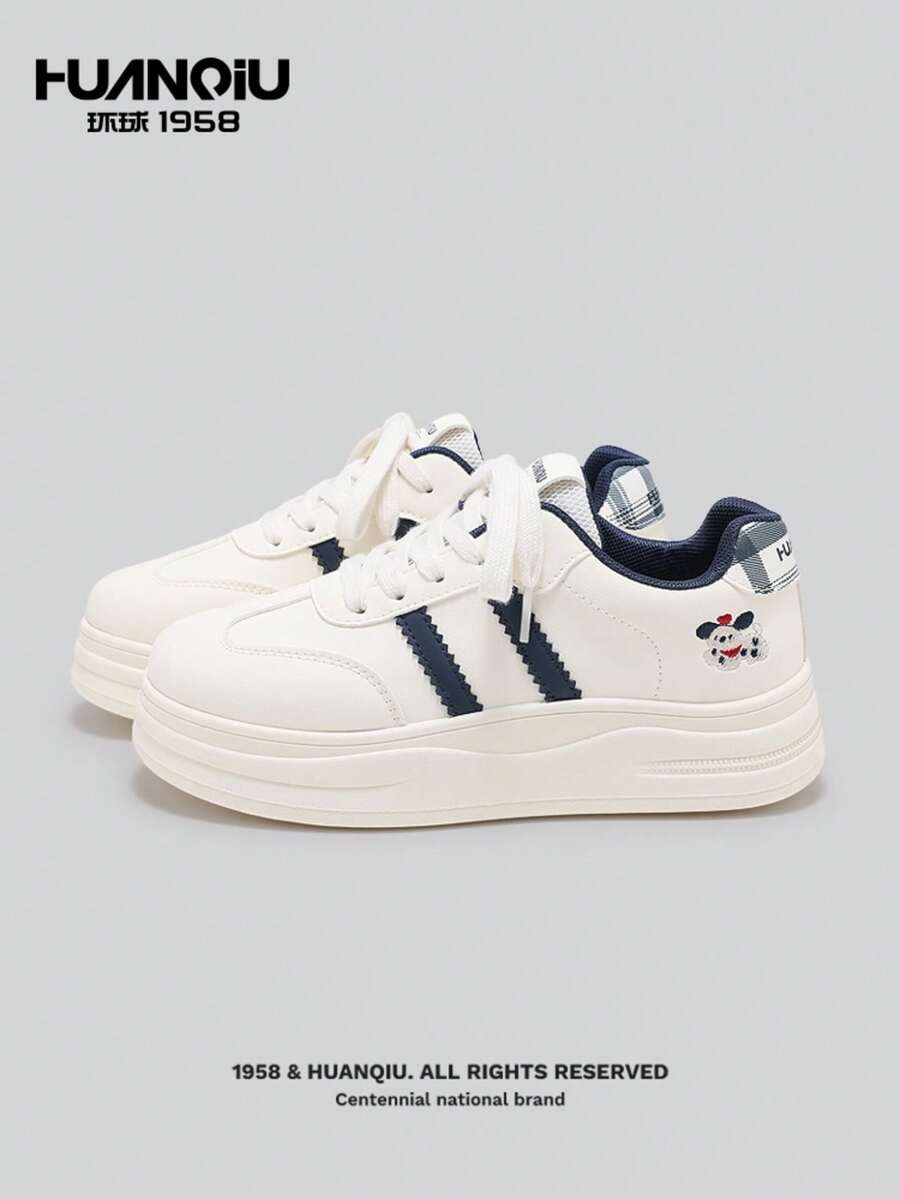 HUANQIU Giày thể thao nữ nhẹ, kiểu dáng thường ngày, phối màu tương phản, kẻ sọc caro và họa tiết hình cún con. - Màu xanh lam - Xem 1