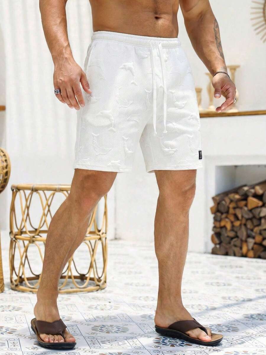 Men's Solid Color Dolphin Pattern Drawstring Shorts With Pockets, Summer Casual Bermuda Style Jacquard Beach Shorts - White - View 1