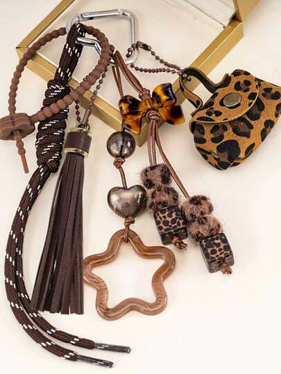 Bolso de mano de piel sintética/Monedero/Llavero, Llavero personalizado con estampado de leopardo, Unisex, Bolsa de almacenamiento para auriculares, Cordón trenzado con borla con forma de corazón, Colgante de bolso, Llavero de coche, Colgante DIY, Accesorio de moda para bolso, Accesorios de coche.