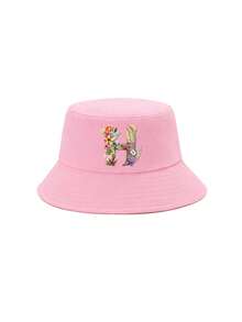 1顶女童粉色花卉字母图案渔夫帽，26个字母个性化时尚款，复古优雅轻便防晒，适合生日、节日、返校、四季休闲、户外、日常佩戴 - 粉色 - 查看 25