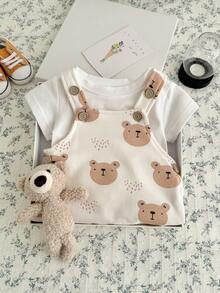 2pcs/Set Newborn Baby Boys Girls Casual Cute Bear Print Romper And T-Shirt Set, Spring/Summer - White - View 9