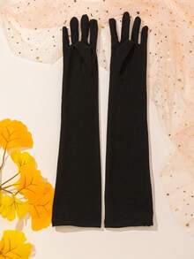 1 Pair Party Gloves For Women Long Satin Opera Gloves Stretchy Elbow Gloves Halloween Accessories Winter Gloves - 黑色 - 查看 3