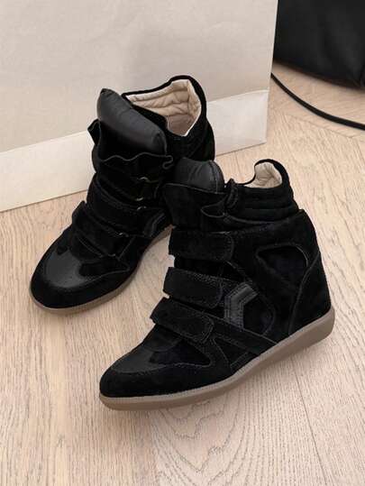 Women's Casual Colorblock PU Leather Hook And Loop Sneakers, Outdoor Casual Shoes For Spring And Autumn