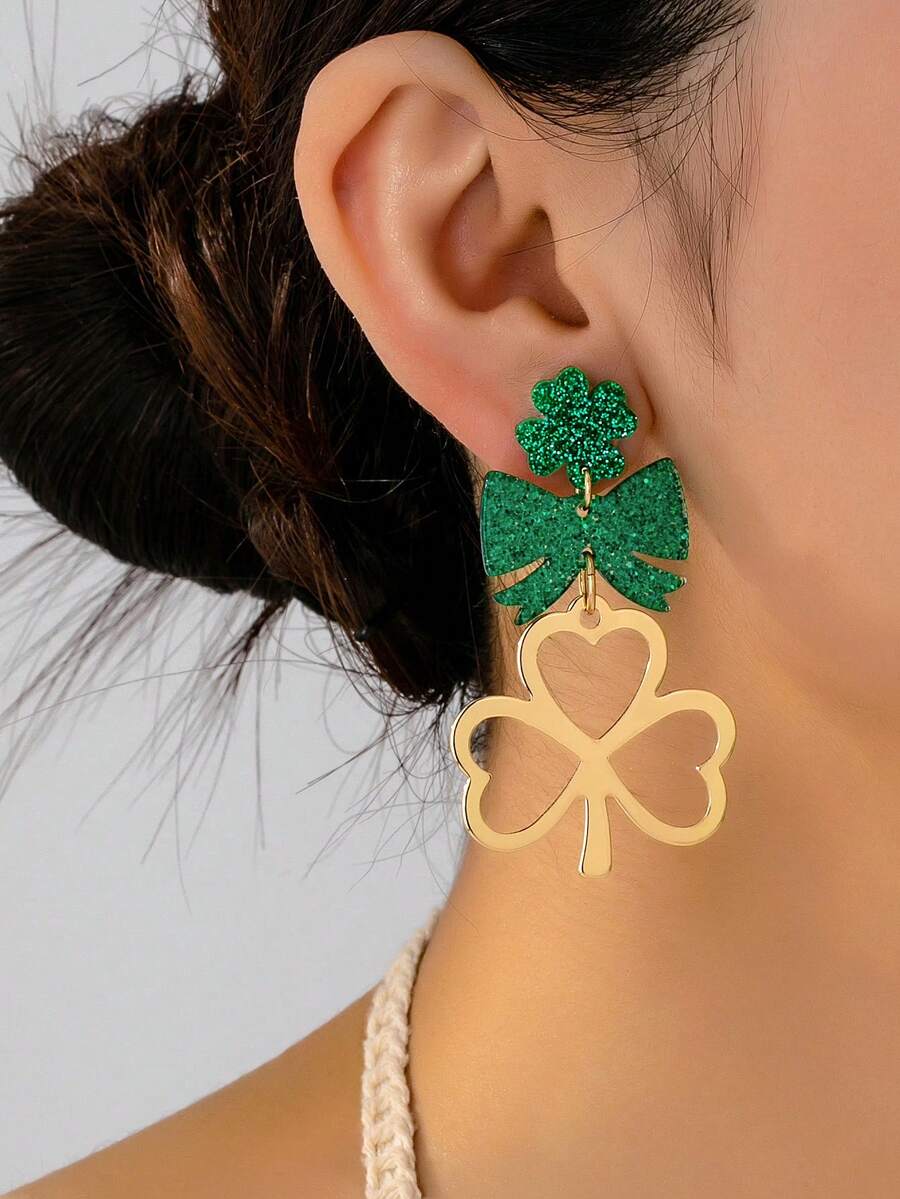 1 Pair Elegant Minimalist Clover Design Long Earrings, Suitable For St. Patrick's Day Party, Banquet And Daily Wear - Yellow Gold - View 1