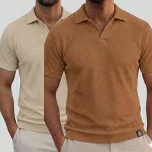 Kit Of 2 Italian Textured Polo Shirts Without Buttons, Slim Sleeves. - Beige and Caramel - View 6