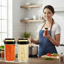 SAEIV Set med fyrkantiga kryddburkar, 12/24 kryddburkar med 4 olika utlopp, perfekt organisatör för kökskryddor, 120 ml kryddburkar, inklusive tratt, etiketter, rengöringsborste och sil - 2 Gyllene Gamla Hu - Visa 2