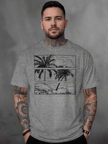 Men's T-Shirt, 100% Cotton, Palms Print - 灰色 - 查看 2