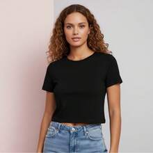 Women's Cropped Top, 100% Cotton, Basic, Plain, Round Neck. - Black - View 2