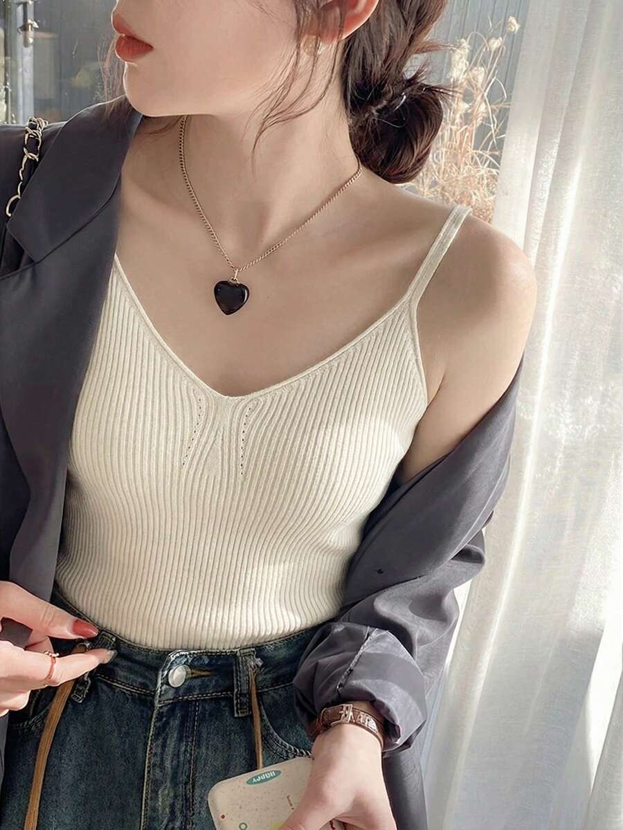 Women's Knitted Cami Top, V-Neck, Sexy Backless Design, Suitable For Summer Wear, Layering Under Blazers - Apricot - View 1