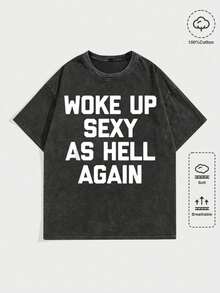 Acid Washed Retro Clothes Women I Woke Up Sexy As  Again Funny Sarcastic Women Saying T-Shirt ,Soft & Lightweight Skin-Friendly 100% Cotton T Shirt Cute Tops,100 Days Of School,Spring Clothes,Summer Tops For Women - 黑色水洗 - 查看 1