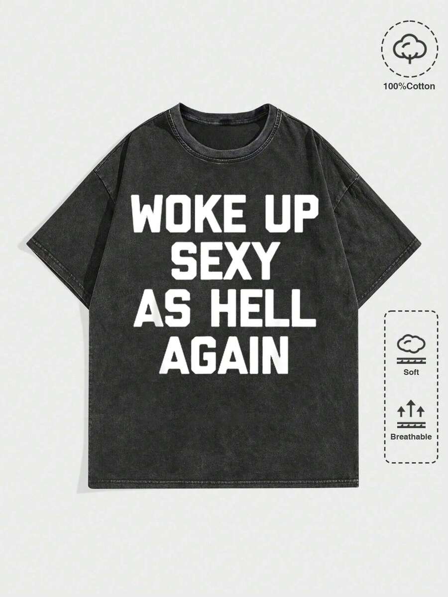 Acid Washed Retro Clothes Women I Woke Up Sexy As  Again Funny Sarcastic Women Saying T-Shirt ,Soft & Lightweight Skin-Friendly 100% Cotton T Shirt Cute Tops,100 Days Of School,Spring Clothes,Summer Tops For Women - 黑色水洗 - 查看 1