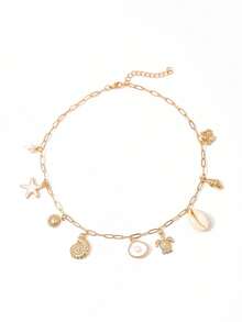 1 buah Kalung Liontin Wanita dengan Liontin Kerang Pantai, Mutiara, Enamel, Bintang Laut, Kura-kura, Kupu-kupu, Rantai Emas - Emas - View 6
