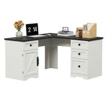 Escritorio Ejecutivo en L de 60", Mesa de Ordenador de Esquina Estilo Rústico con Cajones para Archivos y Armario de Almacenamiento Ajustable - Blanco - Ver 6