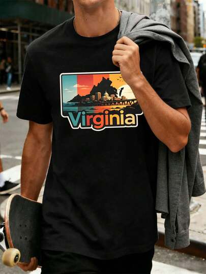Camiseta con estampado gráfico Virginia Sunset, tejido de alta calidad, cuello redondo, ajuste cómodo, hip-hop callejero