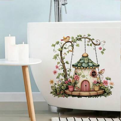 1/2片装可移除防水PVC自粘墙贴，童话鞋屋造型设计，适用于浴室和橱柜家居装饰