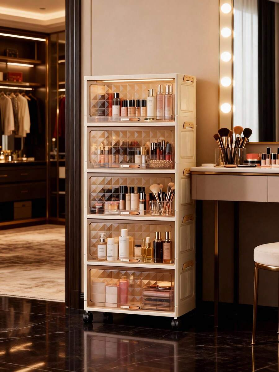 1 pieza Gabinete de almacenamiento plegable de plástico de 40 cm/50 cm de ancho, organizador de almacenamiento con tapa abatible de 1-6 niveles, PP reforzado con ruedas, gabinete multiusos para sala de estar, juguetes y aperitivos, gabinete de almacenamiento de ropa, estantería a prueba de polvo para el hogar, estantería de almacenamiento, caja de almacenamiento, recipiente de plástico, lata de aceite, suministros de almacenamiento de cocina, estante para tazas, 1 lata de aceite, estante para cucharas, estantería de almacenamiento de cocina - transparente - Ver 1