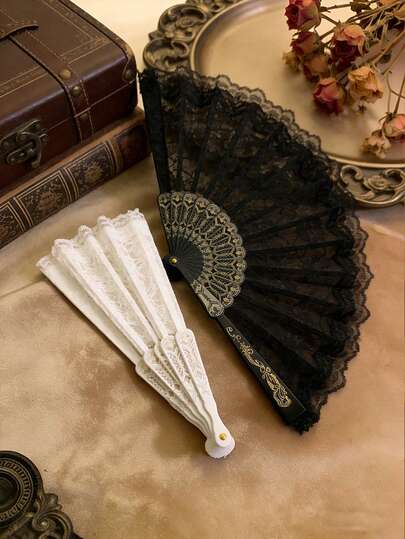 1 Set New Chinese Style Retro Lace Tassel Folding Fan, New Chinese Style Elegant Cheongsam Matching Fan, Black And White Retro Lolita Cosplay Prop, Suitable For Wedding Party Decoration, Summer Cooling And Birthday Gift For Her