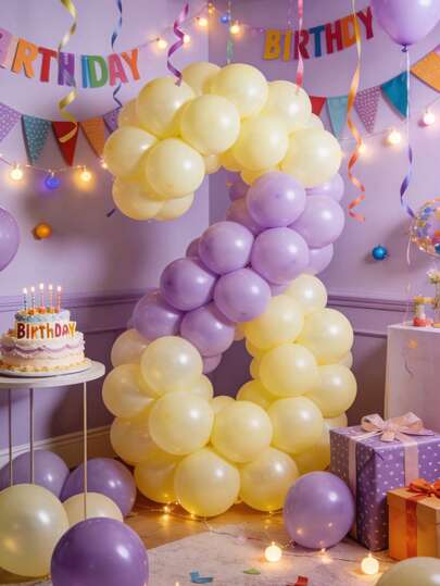 123pcs/Pack Macaron Purple & Yellow Balloon Set, 10 Inch Latex Balloons, Suitable For Holiday Party Decor, Valentine's Day, New Year, Back To School, Theme Party Decoration